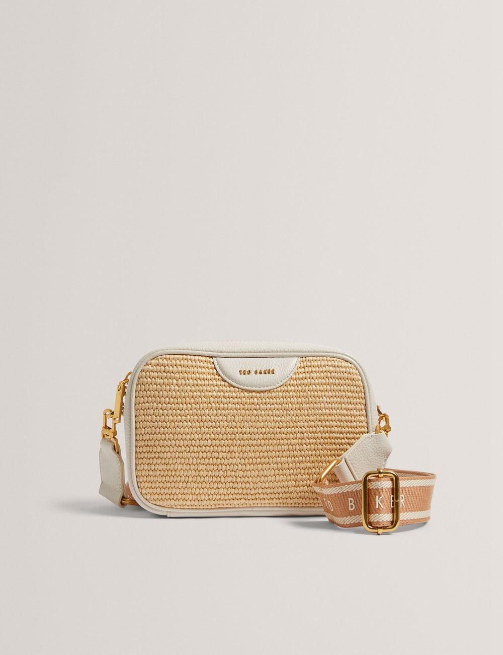 Women Ted Baker BARDAS - Faux Raffia Leather Trim Webbing Camera Camera Bag Ecru | NFVP84570