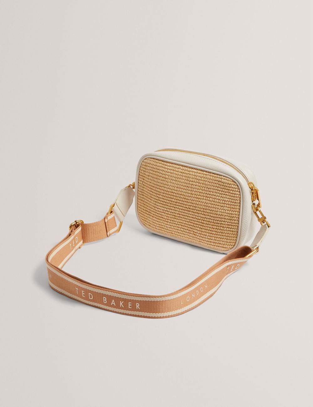 Women Ted Baker BARDAS - Faux Raffia Leather Trim Webbing Camera Camera Bag Ecru | NFVP84570