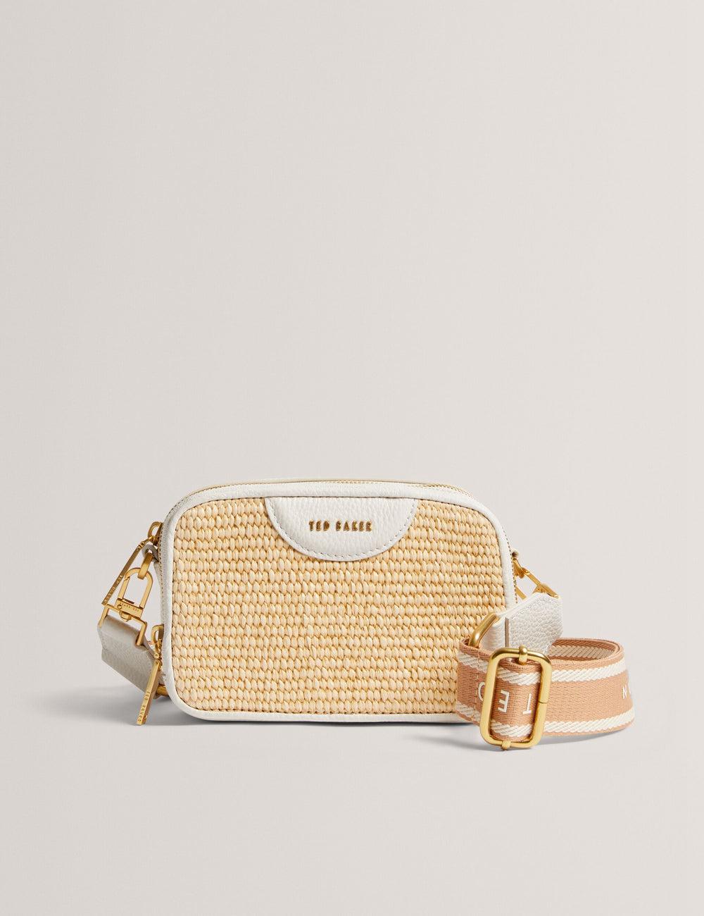 Women Ted Baker BARIA - Faux Raffia Leather Trim Mini Camera Camera Bag Ecru | PCIH36095