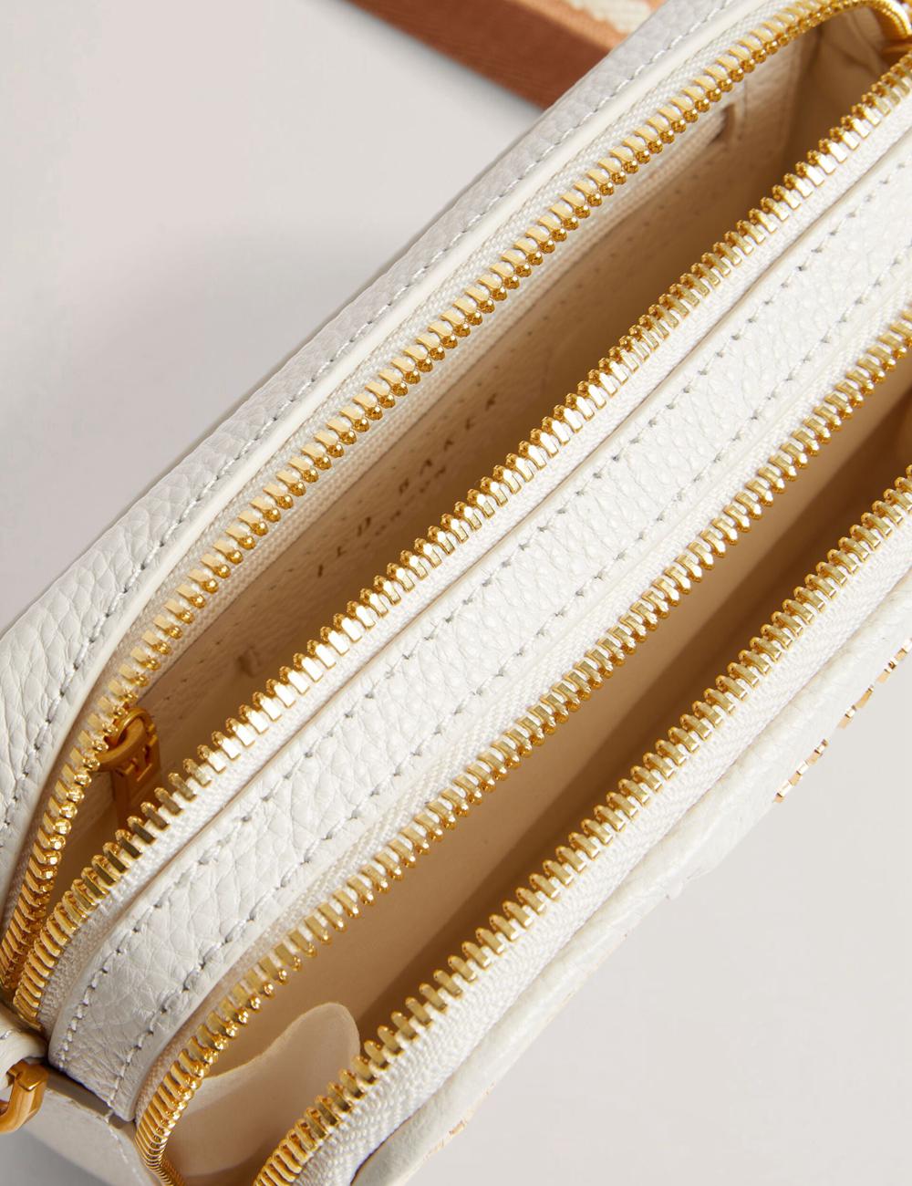 Women Ted Baker BARIA - Faux Raffia Leather Trim Mini Camera Camera Bag Ecru | PCIH36095
