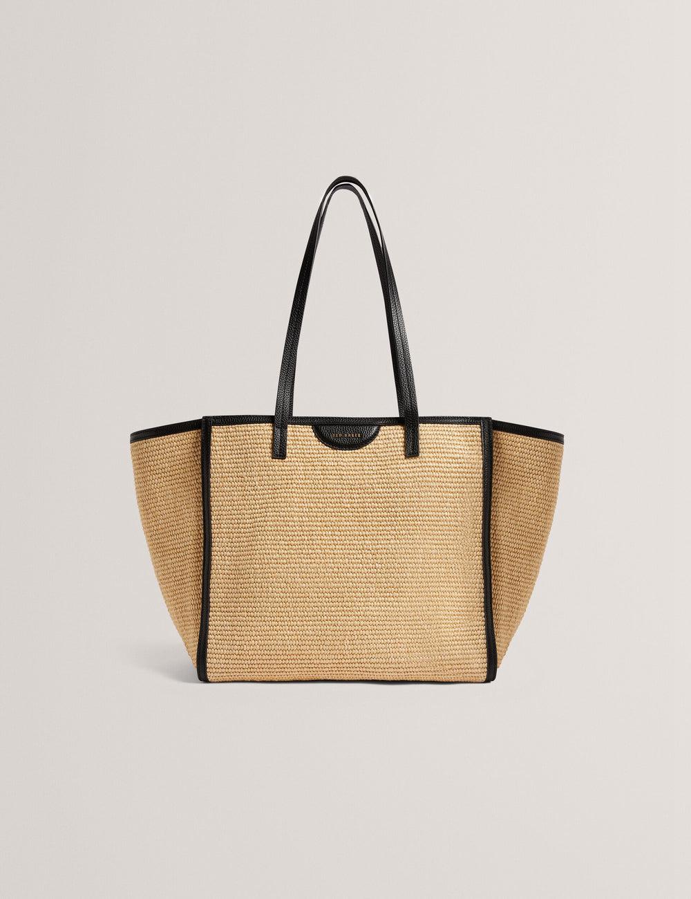 Women Ted Baker BARNI - Faux Raffia Leather Trim Large Shopper Shopper Bags Black | ICEG89147