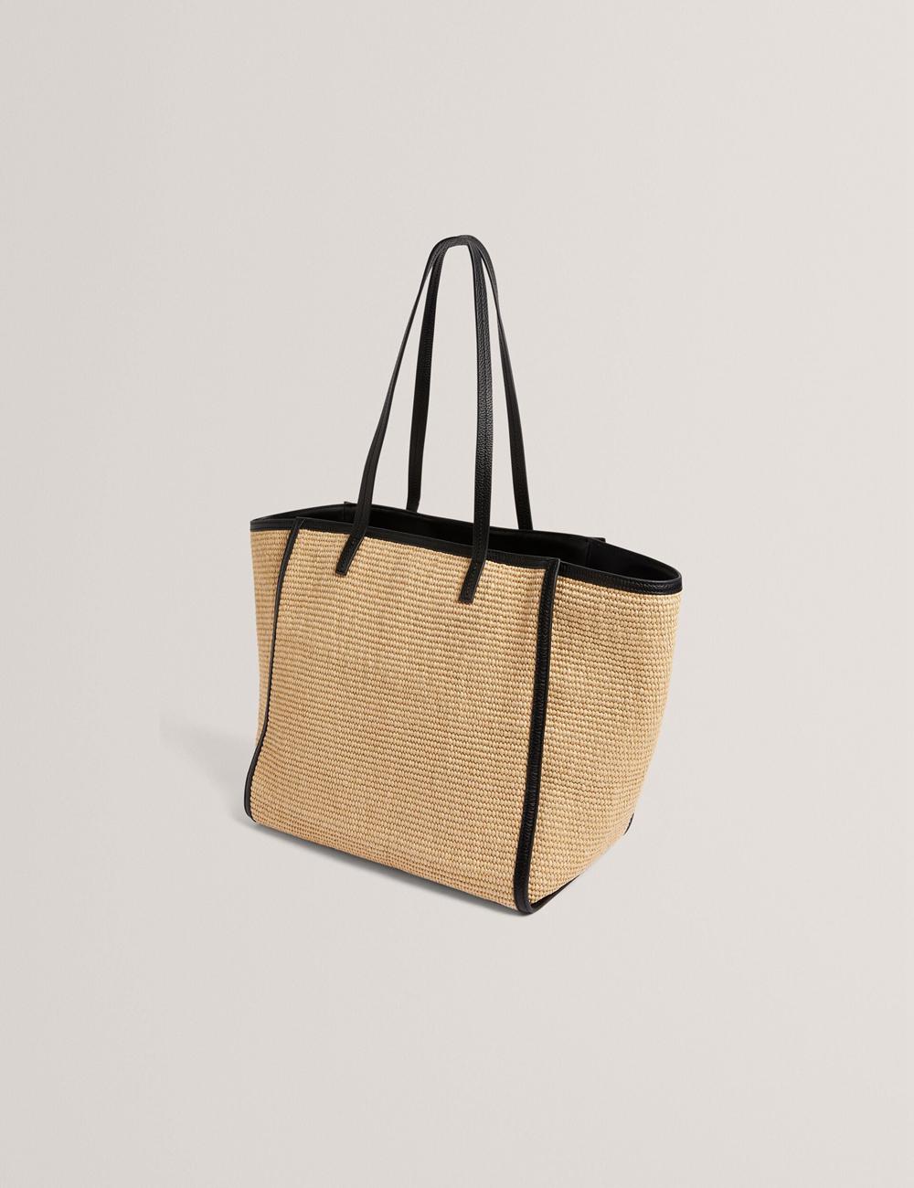 Women Ted Baker BARNI - Faux Raffia Leather Trim Large Shopper Shopper Bags Black | ICEG89147