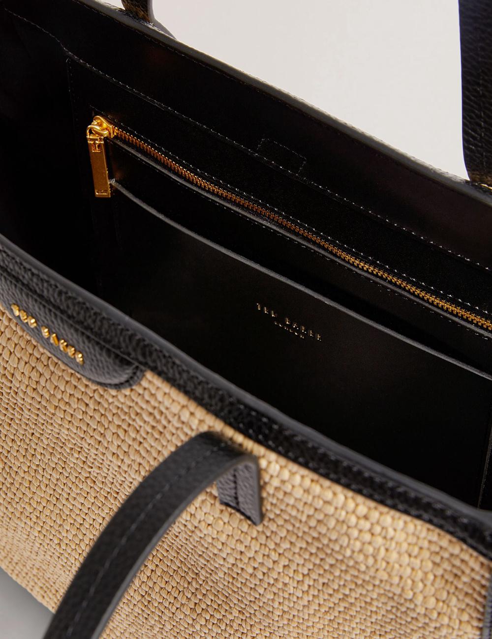 Women Ted Baker BARNI - Faux Raffia Leather Trim Large Shopper Shopper Bags Black | ICEG89147