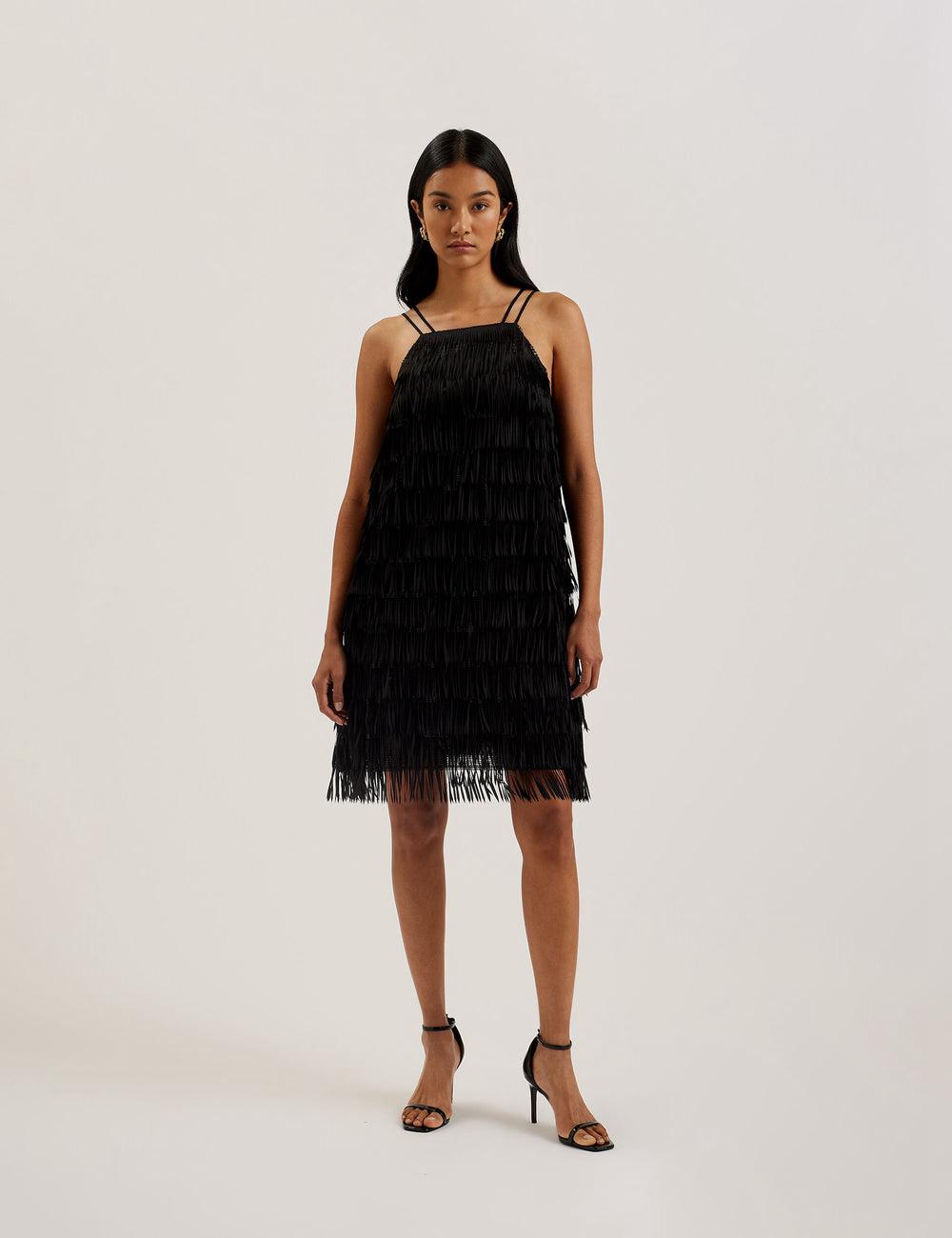 Women Ted Baker BARTIN - Fringed Sequin Halter Strap Mini Dresses Black | MZIP21084