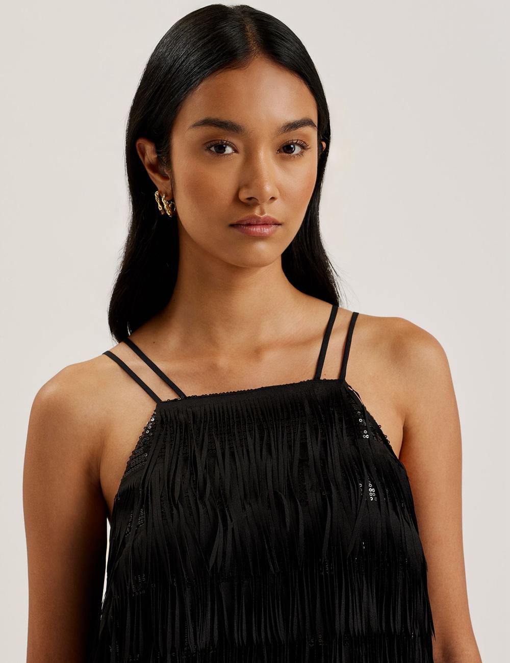 Women Ted Baker BARTIN - Fringed Sequin Halter Strap Mini Dresses Black | MZIP21084