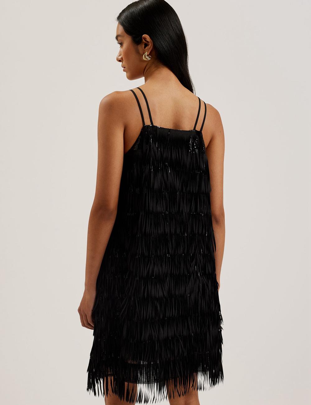 Women Ted Baker BARTIN - Fringed Sequin Halter Strap Mini Dresses Black | MZIP21084