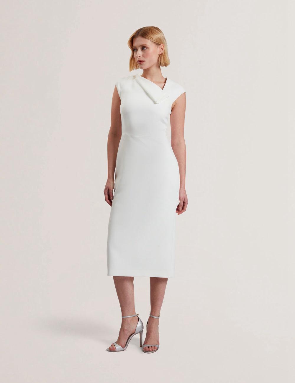 Women Ted Baker BAYREE - Folded Neckline Pencil Midi Dresses White | VLUI47293