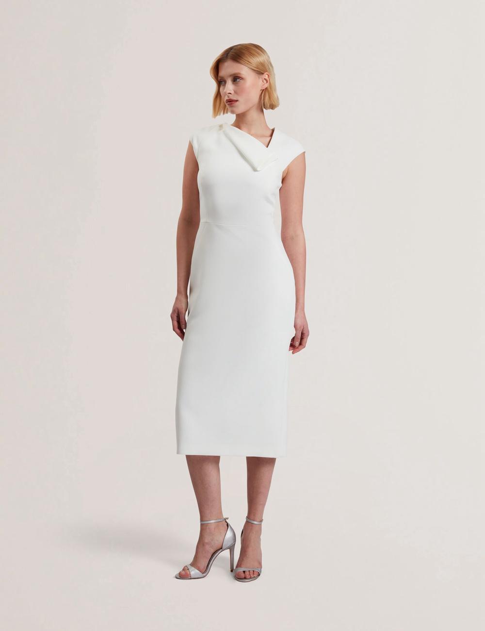 Women Ted Baker BAYREE - Folded Neckline Pencil Midi Dresses White | VLUI47293