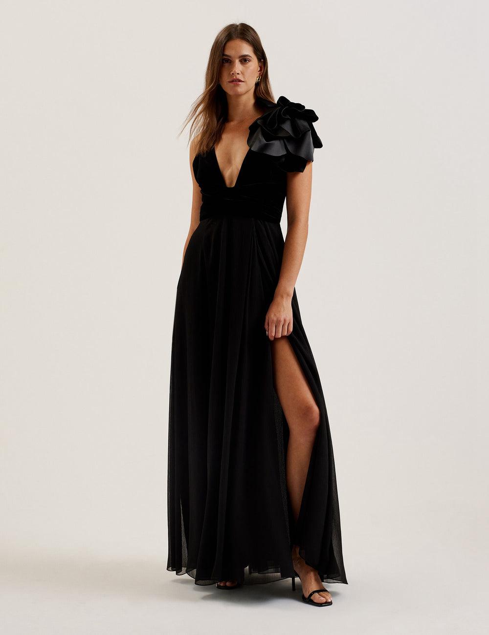 Women Ted Baker BEIRA - Corsage Plunge Neck Sleeveless Maxi Dresses Black | OJAU37514
