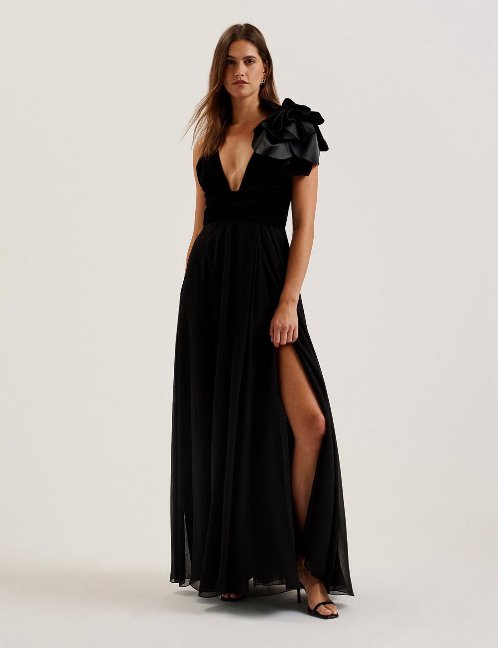 Women Ted Baker BEIRA - Corsage Plunge Neck Sleeveless Maxi Dresses Black | OJAU37514