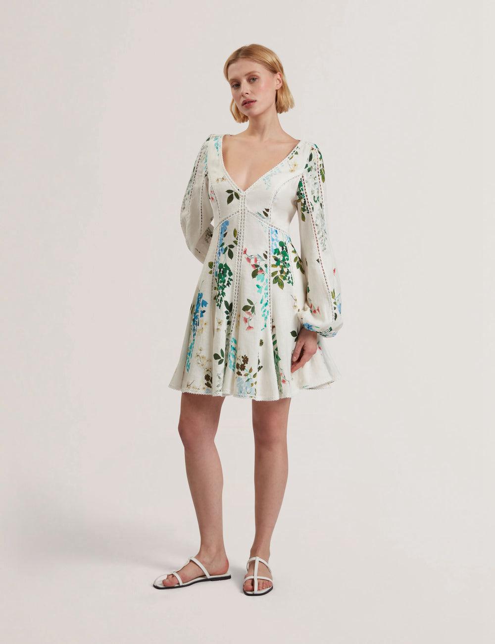 Women Ted Baker BELVIDA - Floral Crochet Trim Linen Mini Dresses White | ZITR30976