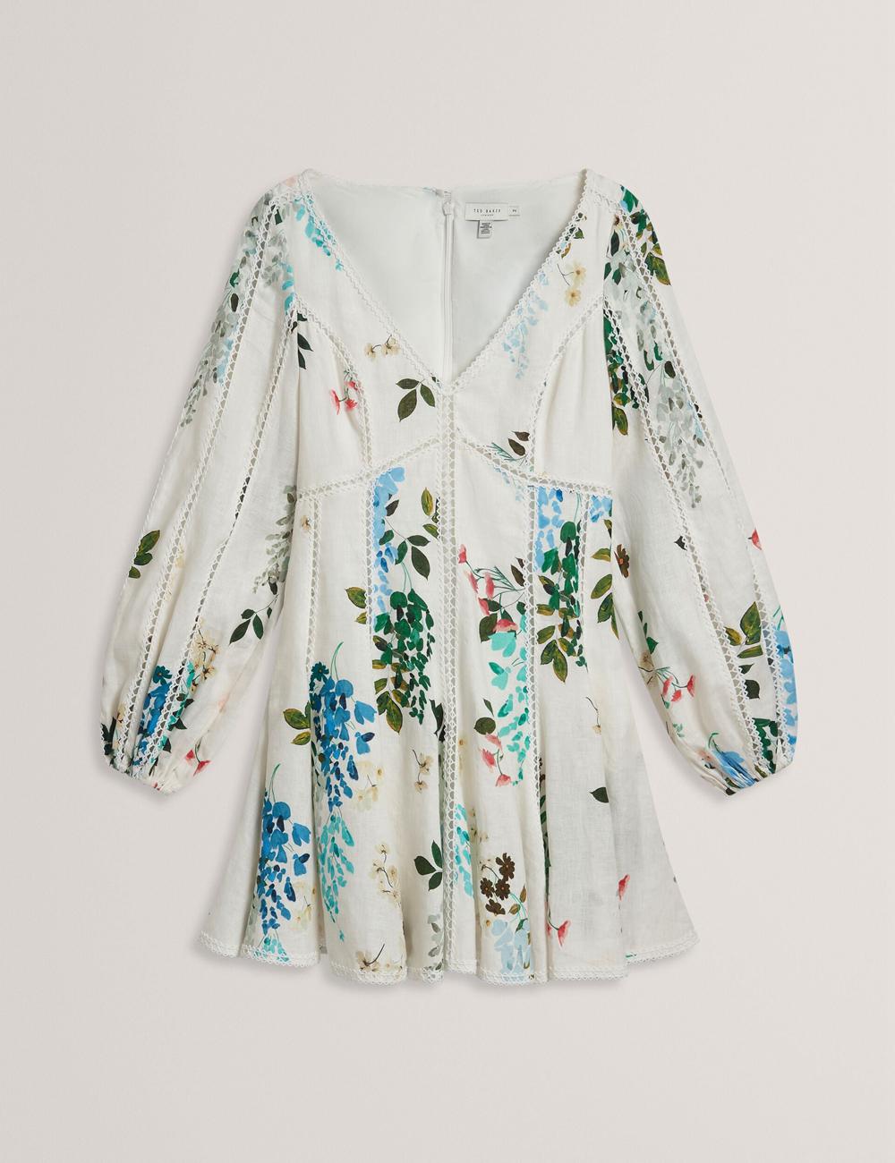 Women Ted Baker BELVIDA - Floral Crochet Trim Linen Mini Dresses White | ZITR30976