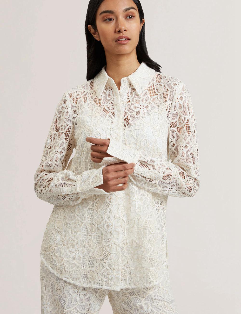 Women Ted Baker BLOND - Floral Lace Longline Cotton Shirt Tops Ivory | NDZR34820