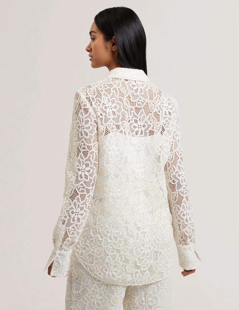 Women Ted Baker BLOND - Floral Lace Longline Cotton Shirt Tops Ivory | NDZR34820