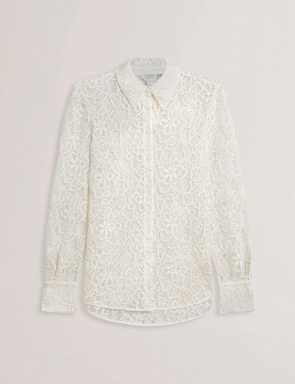 Women Ted Baker BLOND - Floral Lace Longline Cotton Shirt Tops Ivory | NDZR34820