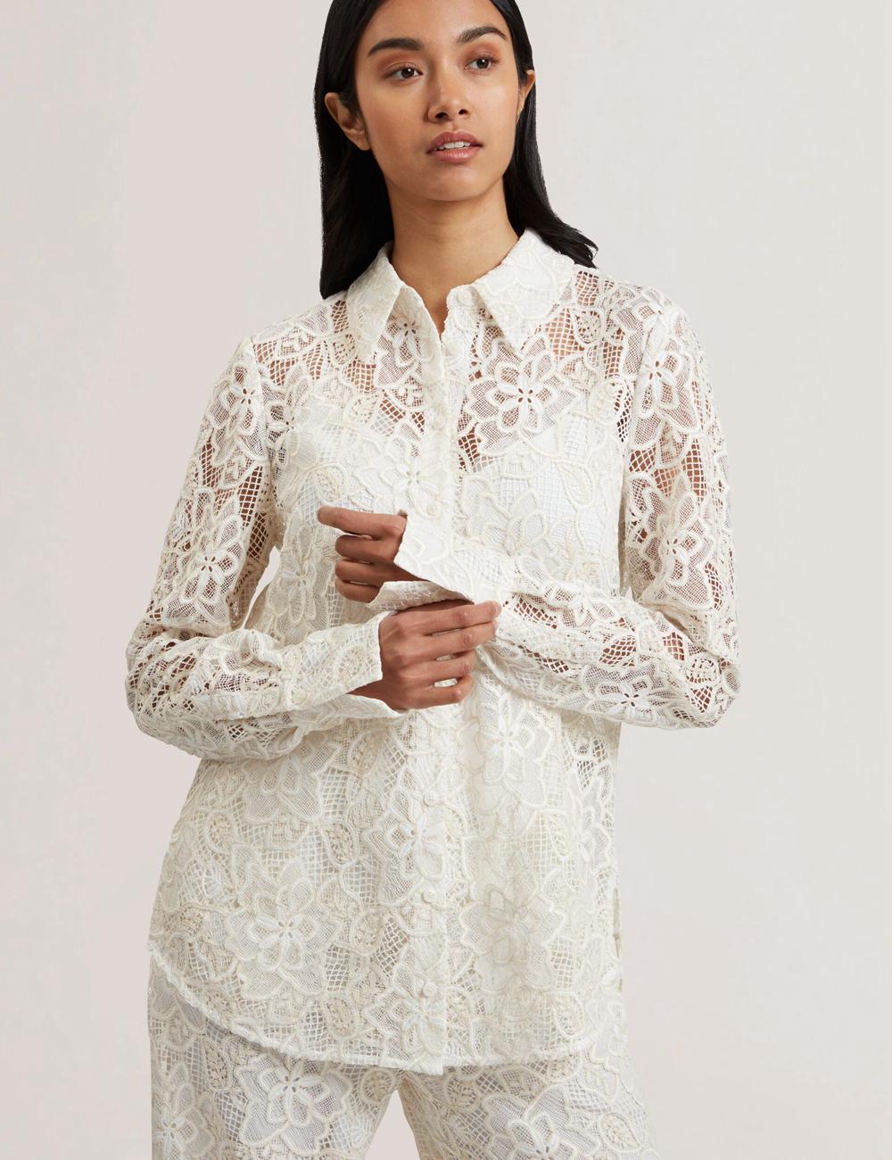 Women Ted Baker BLOND - Floral Lace Longline Cotton Shirt Tops Ivory | NDZR34820