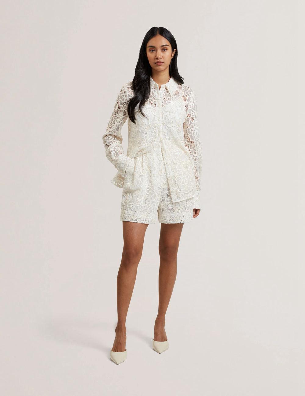 Women Ted Baker BOWIA - Lace High Waisted Tailored Shorts Ivory | FBVU40358
