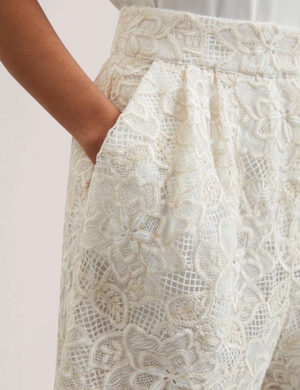 Women Ted Baker BOWIA - Lace High Waisted Tailored Shorts Ivory | FBVU40358