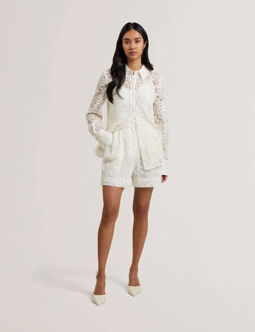 Women Ted Baker BOWIA - Lace High Waisted Tailored Shorts Ivory | FBVU40358