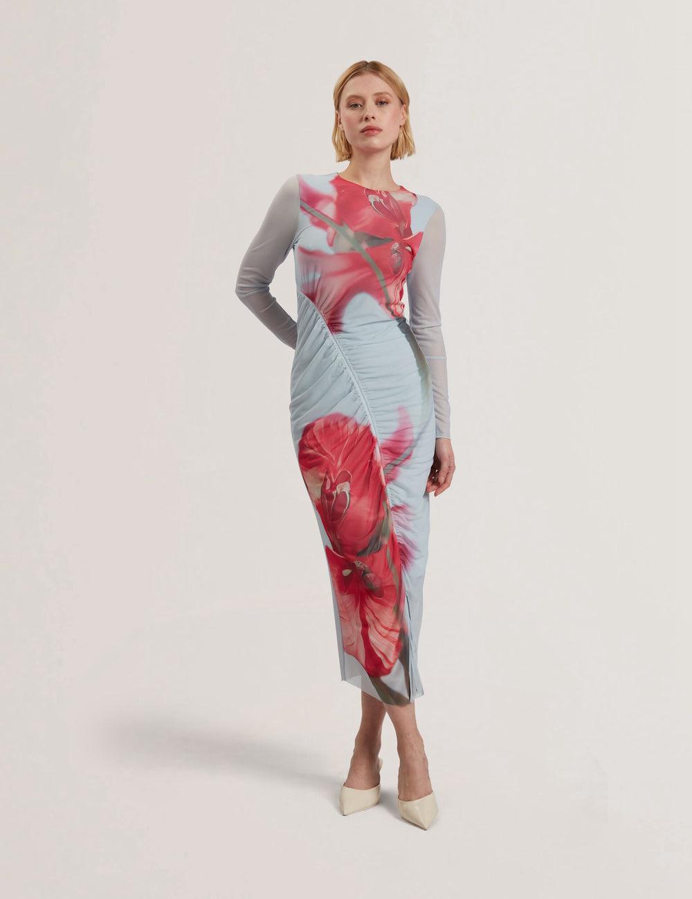 Women Ted Baker BOXNINE - Printed Mesh Gathering Bodycon Midi Dresses Blue | QRID52430