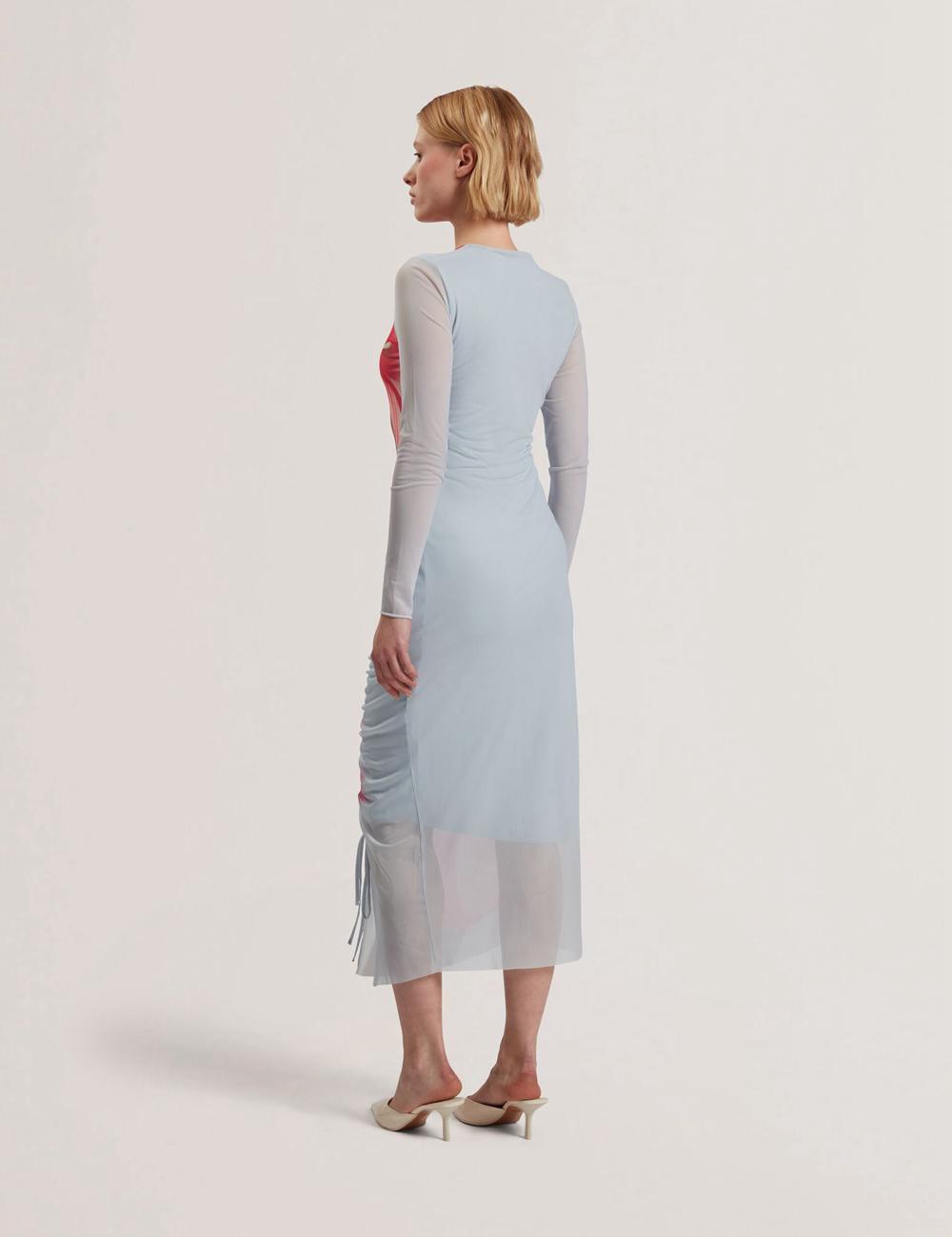 Women Ted Baker BOXNINE - Printed Mesh Gathering Bodycon Midi Dresses Blue | QRID52430