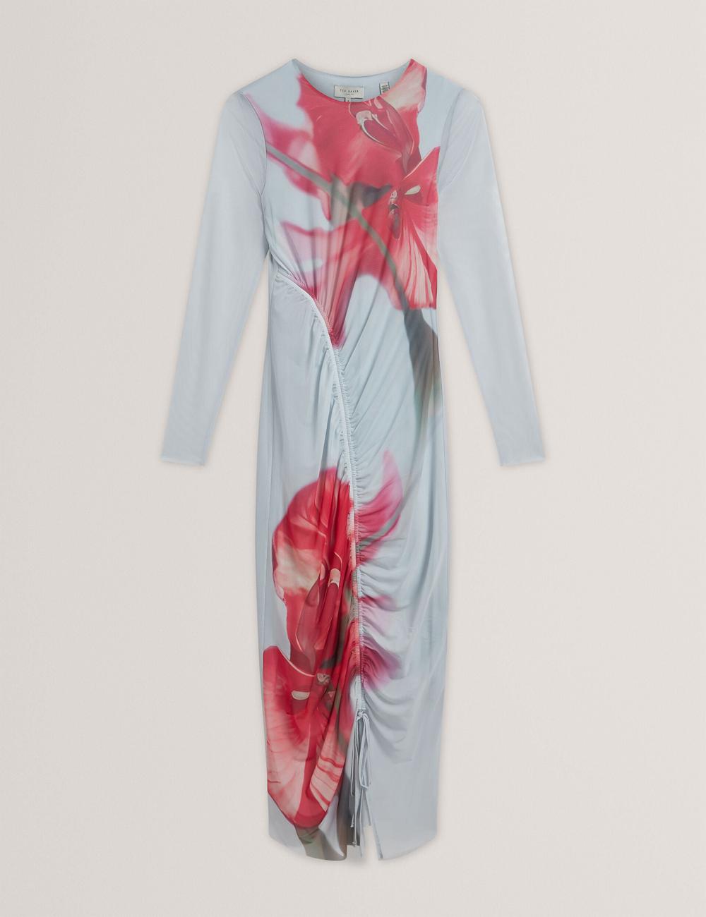 Women Ted Baker BOXNINE - Printed Mesh Gathering Bodycon Midi Dresses Blue | QRID52430