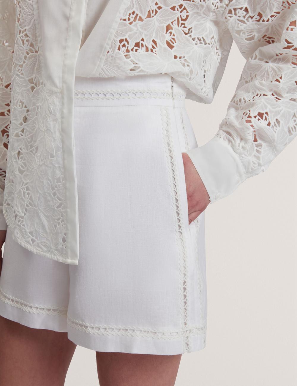 Women Ted Baker BUCCIA - Crochet Trim High Waisted Linen Shorts White | BYXR31594