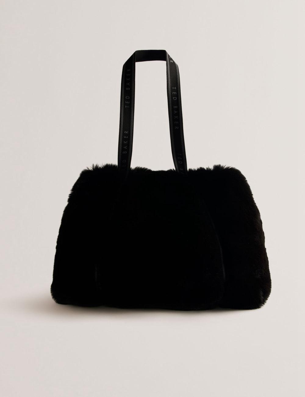 Women Ted Baker CADENCE - Faux Fur Webbing Strap Shopper Shopper Bags Black | GIQV10367