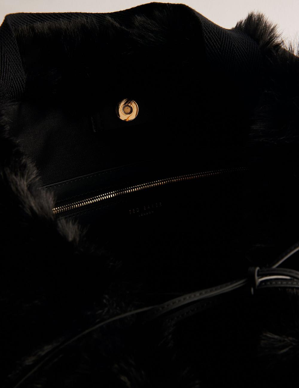Women Ted Baker CADENCE - Faux Fur Webbing Strap Shopper Shopper Bags Black | GIQV10367