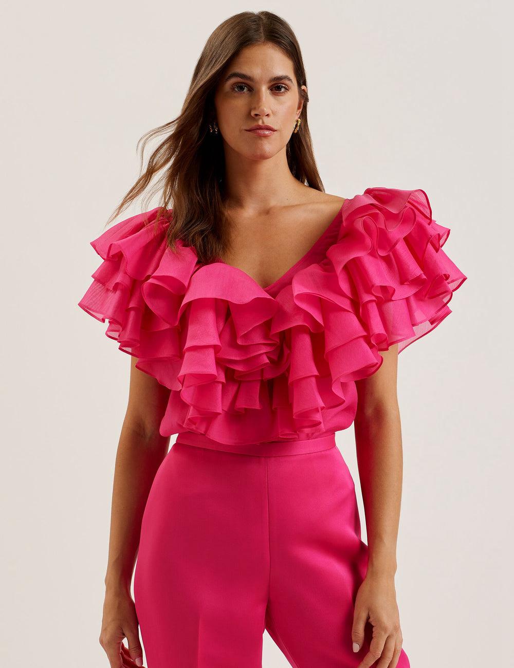 Women Ted Baker CALONDA - Oversized Frill Trim V-Neck Top Blouses Fuchsia | LRDH37806