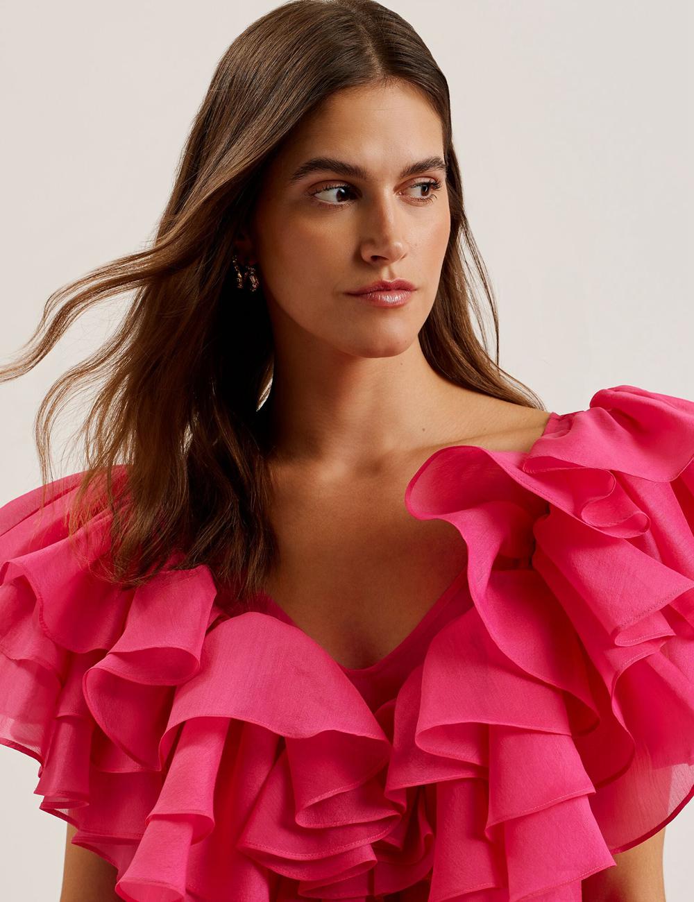 Women Ted Baker CALONDA - Oversized Frill Trim V-Neck Top Blouses Fuchsia | LRDH37806