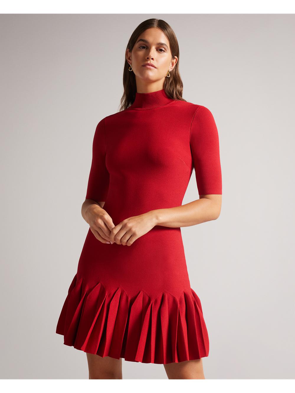 Women Ted Baker CANDDY - Pleated Hem Bodycon Knit Mini Dresses Red | HKRE96024