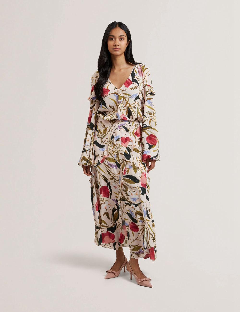 Women Ted Baker CANDICI - Floral Print Frill Trim With Split Midi Skirts Pink | QLSH41782