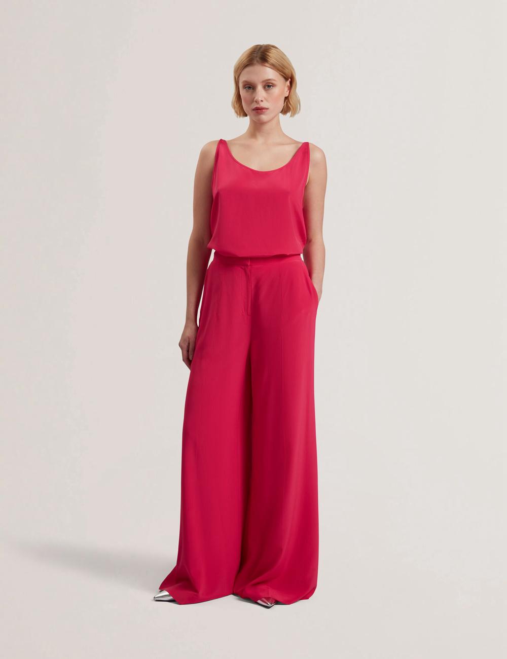 Women Ted Baker CARLOET - Silk Wide Leg Tailored Trousers Fuchsia | LSNZ78659