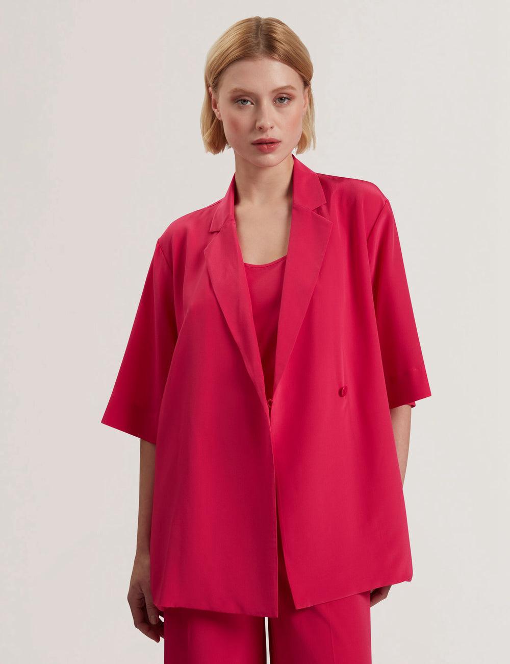 Women Ted Baker CARLOE - Silk Short Sleeve Blazers Fuchsia | KOTD54083