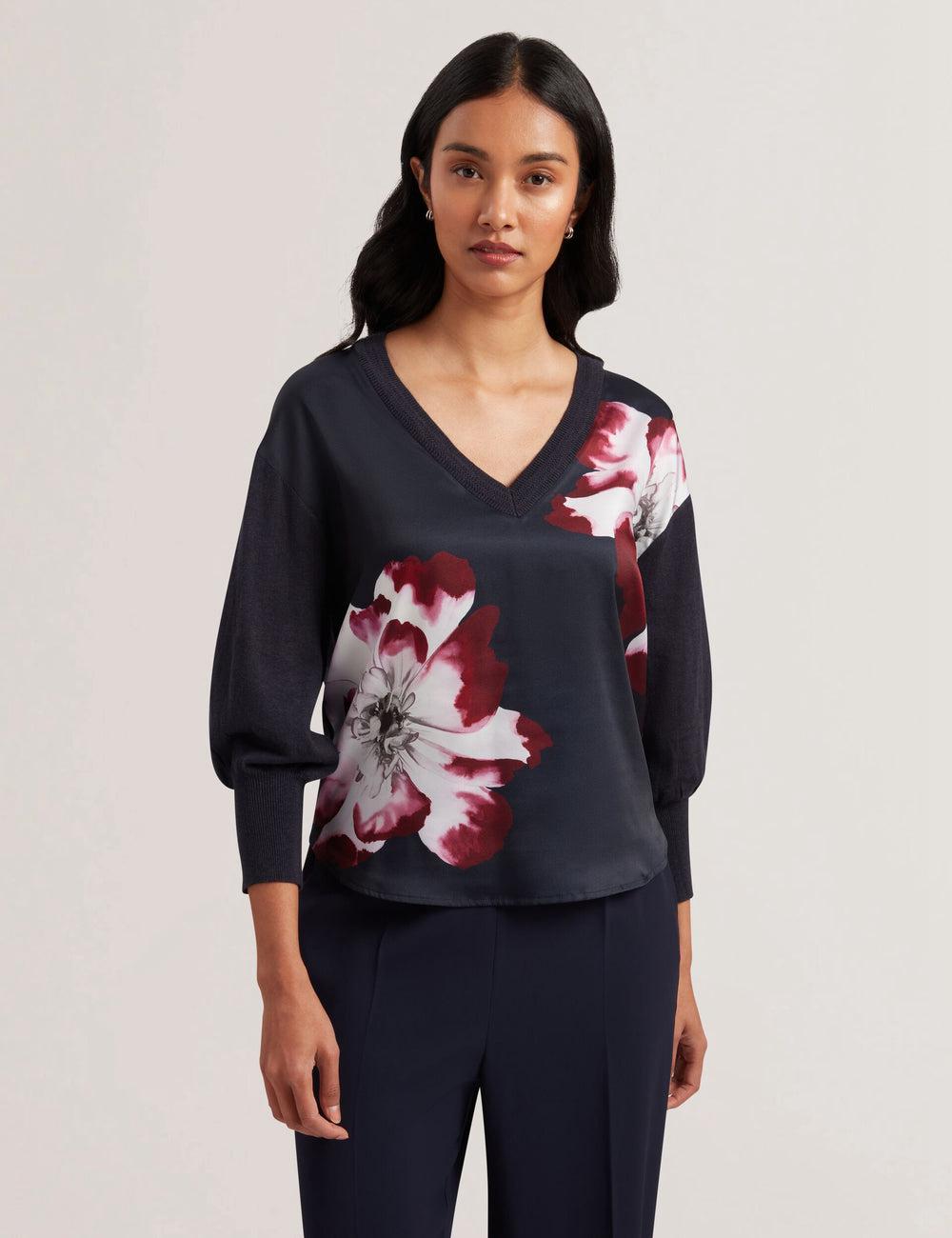 Women Ted Baker CASEYJ - Printed Woven Front V-Neck Jumpers Navy | ESXV85649