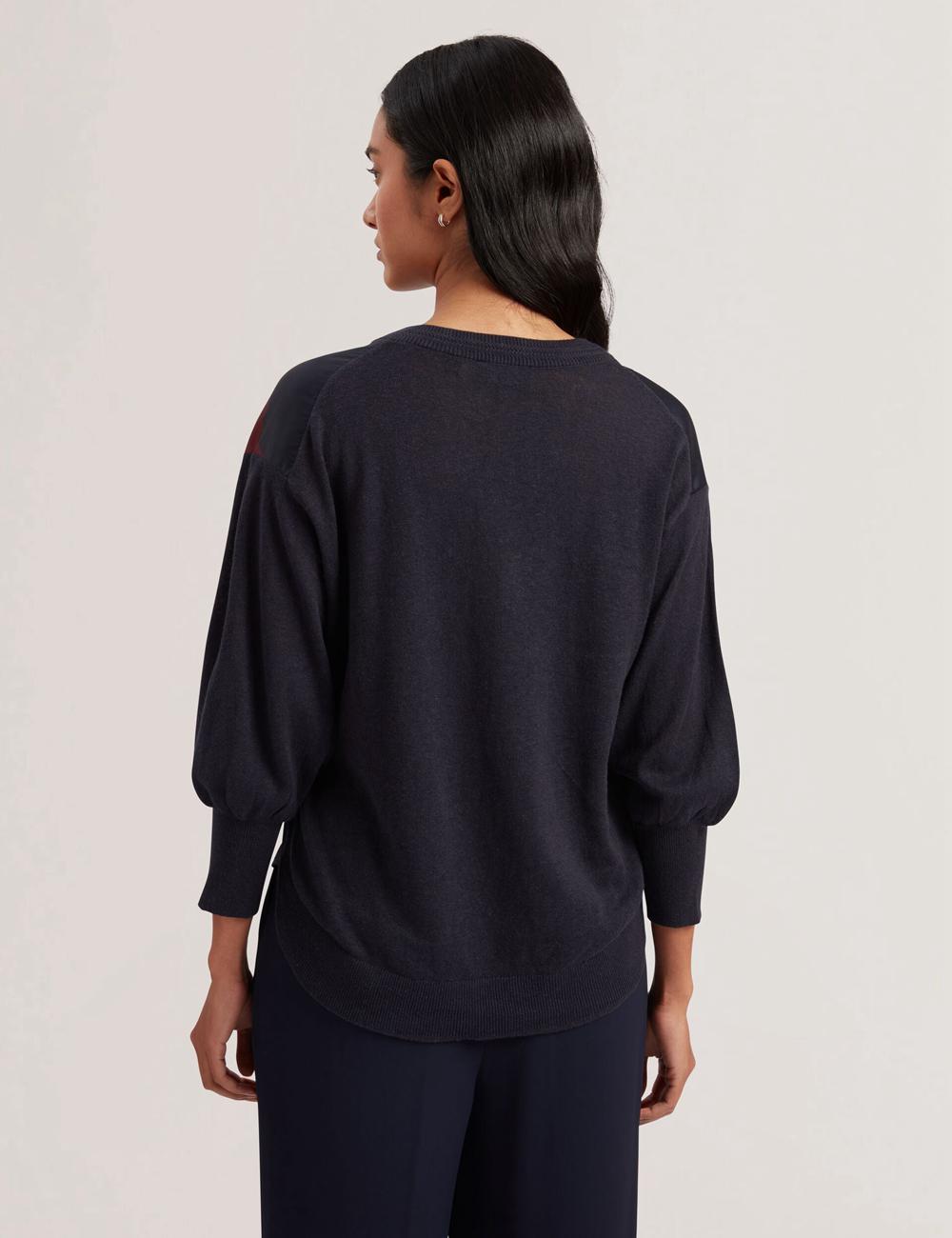 Women Ted Baker CASEYJ - Printed Woven Front V-Neck Jumpers Navy | ESXV85649
