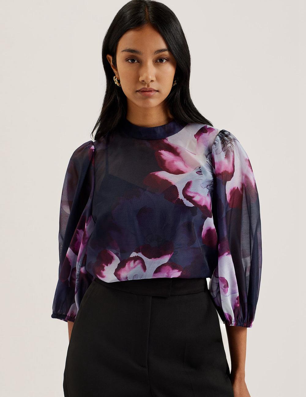 Women Ted Baker CATALO - Floral Print Balloon Sleeve Organza Top Blouses Navy | ALBP14806
