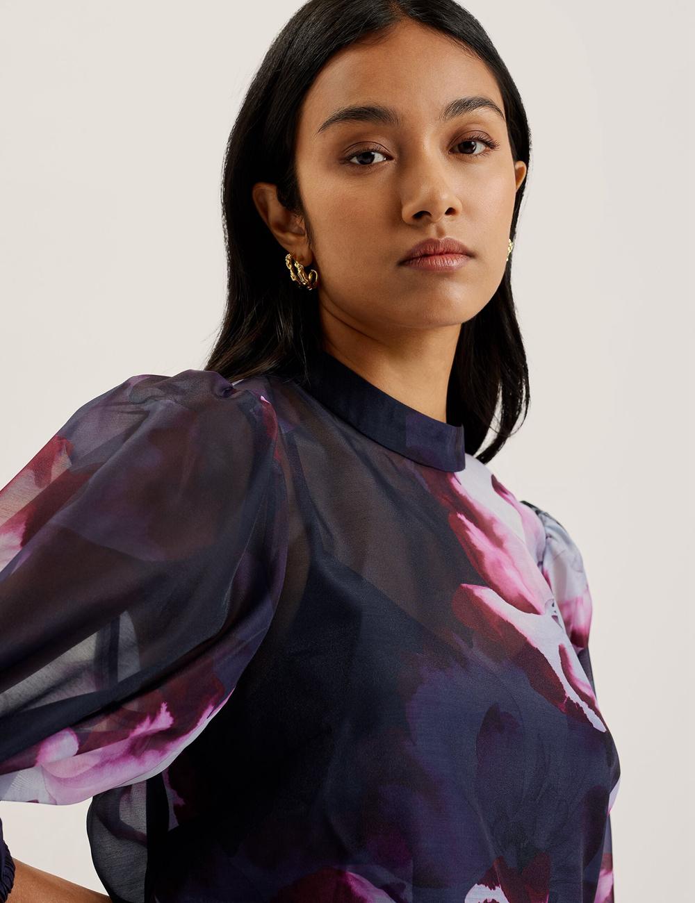 Women Ted Baker CATALO - Floral Print Balloon Sleeve Organza Top Blouses Navy | ALBP14806