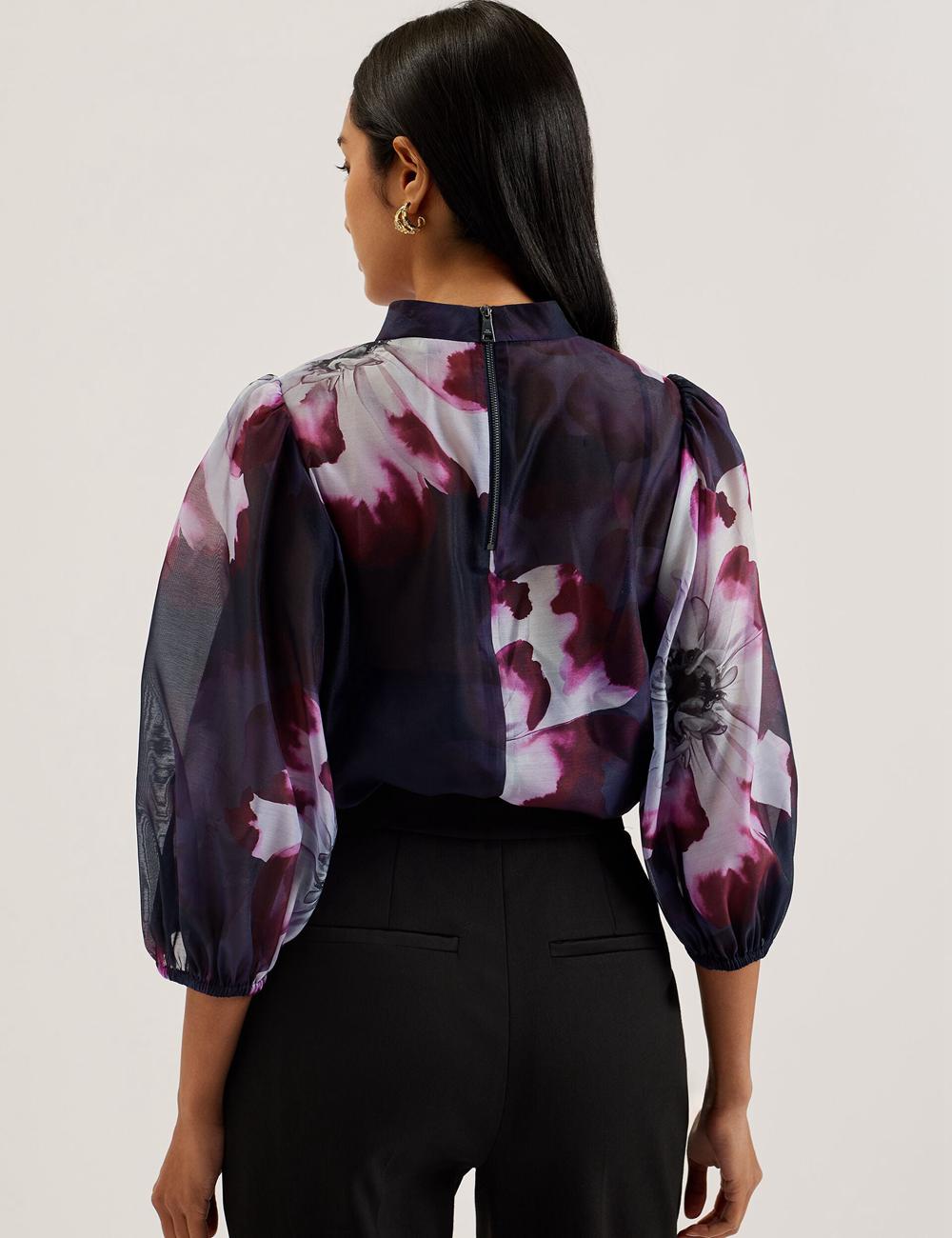 Women Ted Baker CATALO - Floral Print Balloon Sleeve Organza Top Blouses Navy | ALBP14806