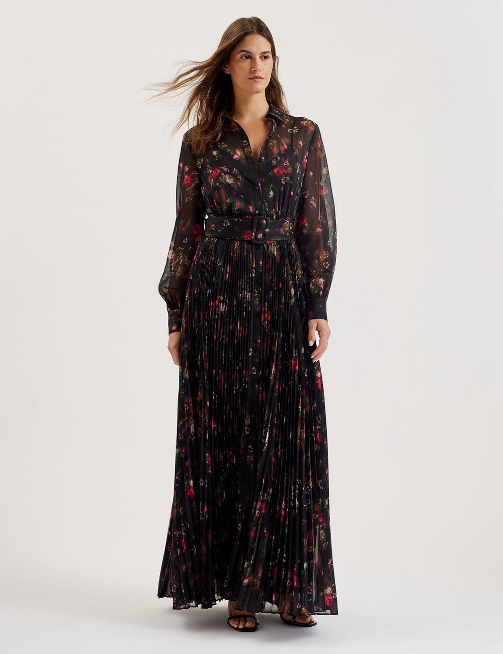 Women Ted Baker CEIBA - Floral Print Pleated Maxi Shirt Maxi Dresses Black | ADPS64927