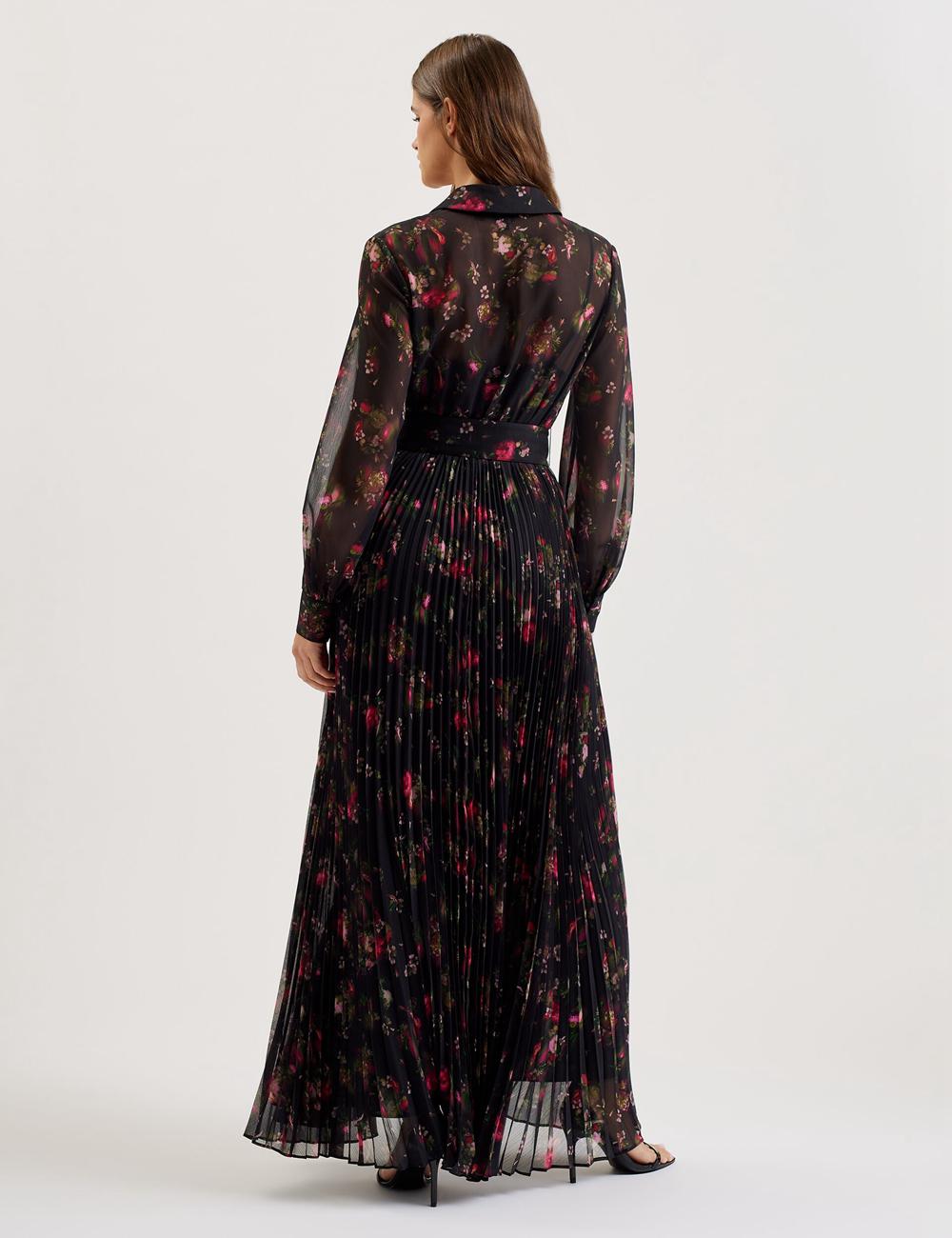 Women Ted Baker CEIBA - Floral Print Pleated Maxi Shirt Maxi Dresses Black | ADPS64927