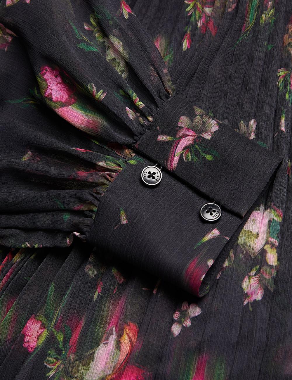 Women Ted Baker CEIBA - Floral Print Pleated Maxi Shirt Maxi Dresses Black | ADPS64927