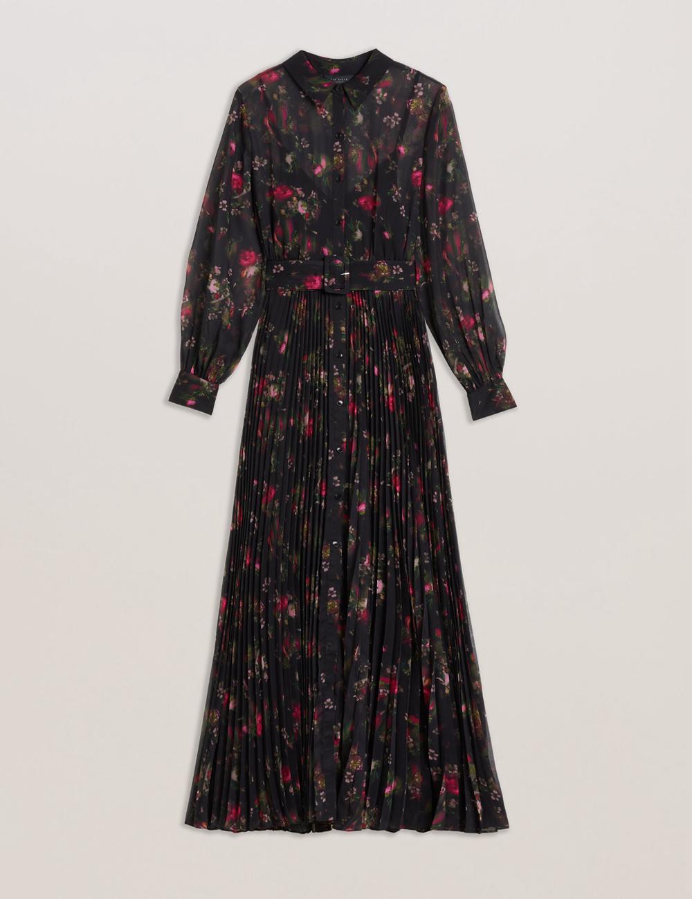 Women Ted Baker CEIBA - Floral Print Pleated Maxi Shirt Maxi Dresses Black | ADPS64927