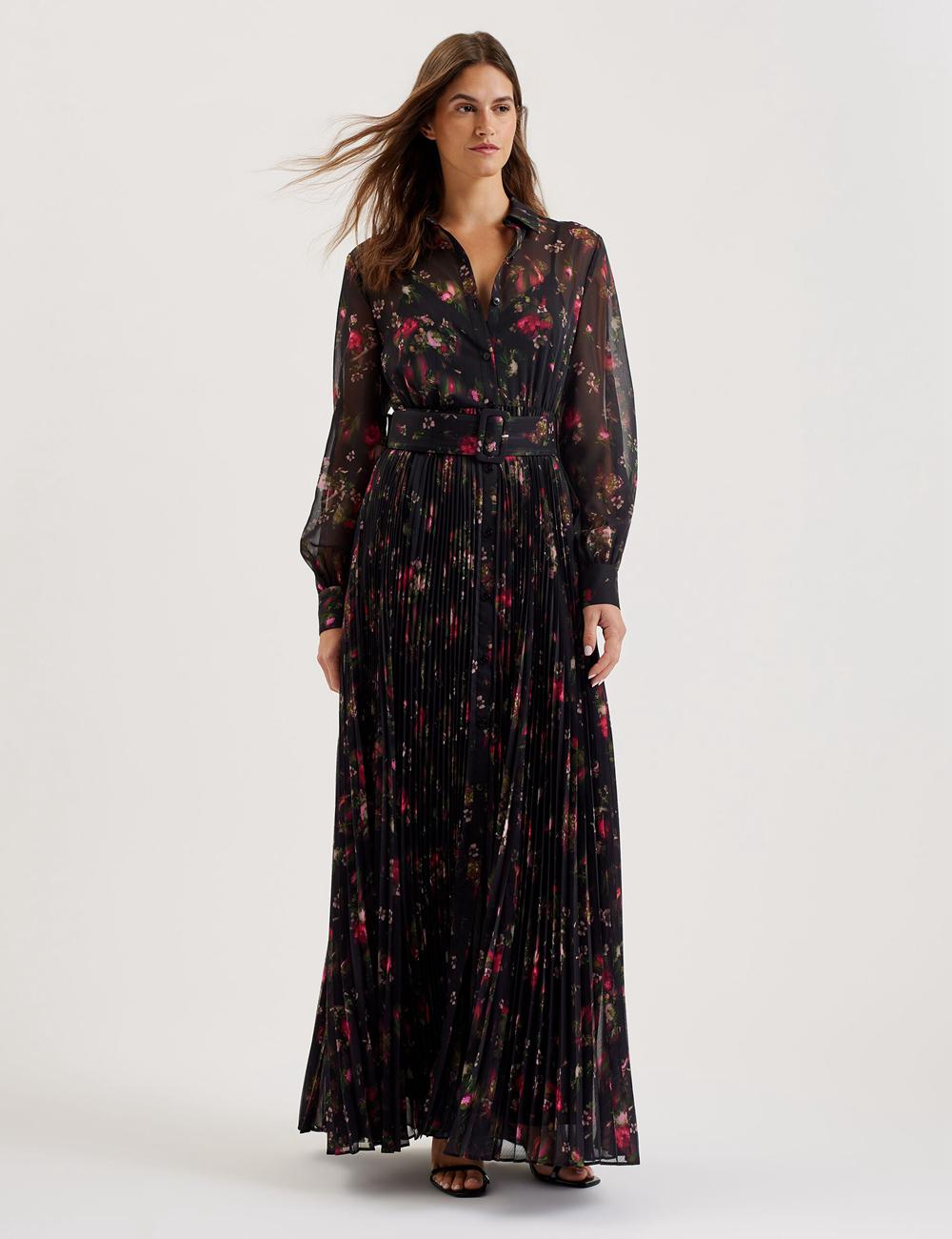 Women Ted Baker CEIBA - Floral Print Pleated Maxi Shirt Maxi Dresses Black | ADPS64927