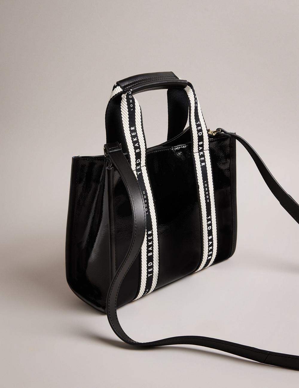 Women Ted Baker CELIANE - Branded Webbing Patent Small Tote Bags Black | HBDL19647