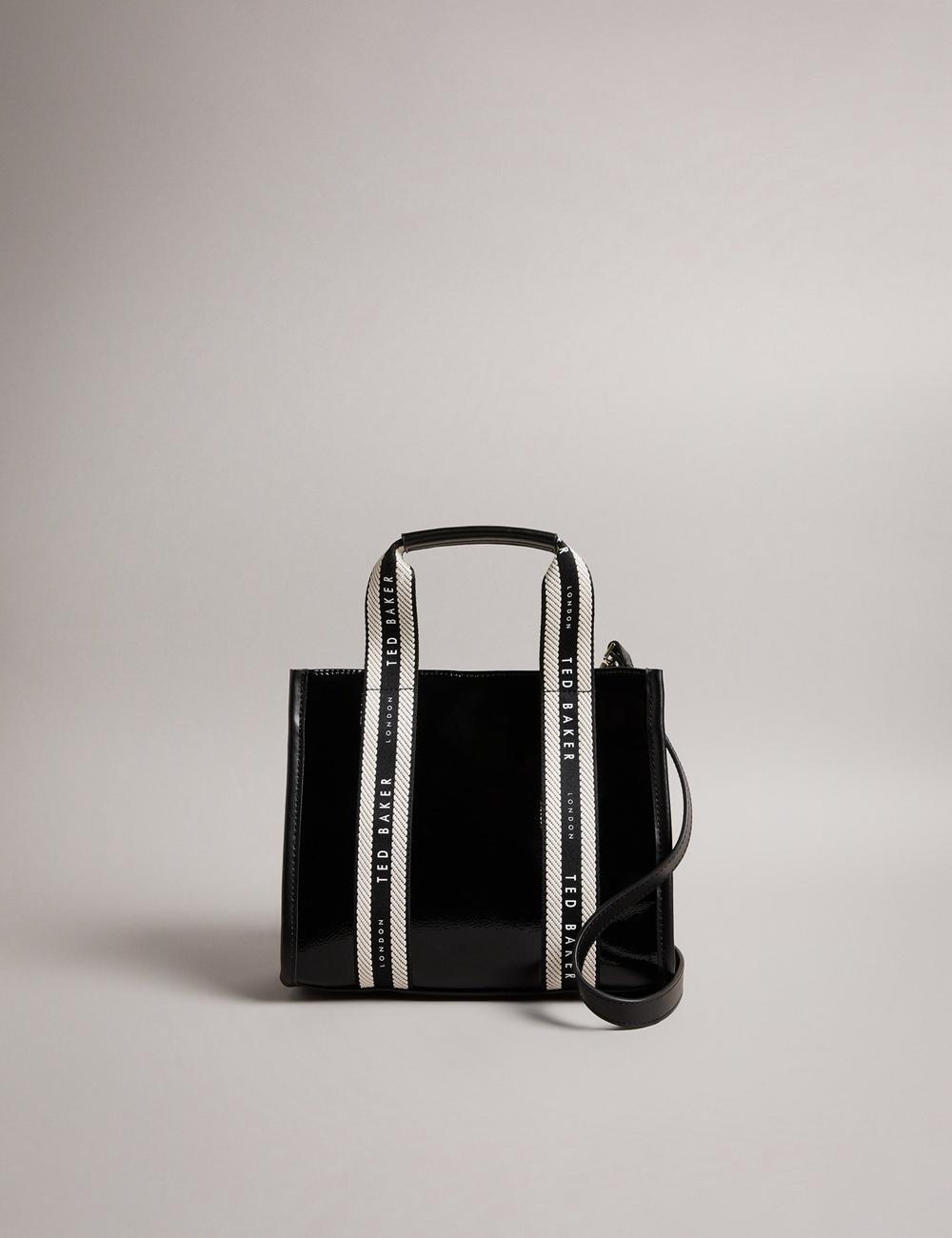Women Ted Baker CELIANE - Branded Webbing Patent Small Tote Bags Black | HBDL19647