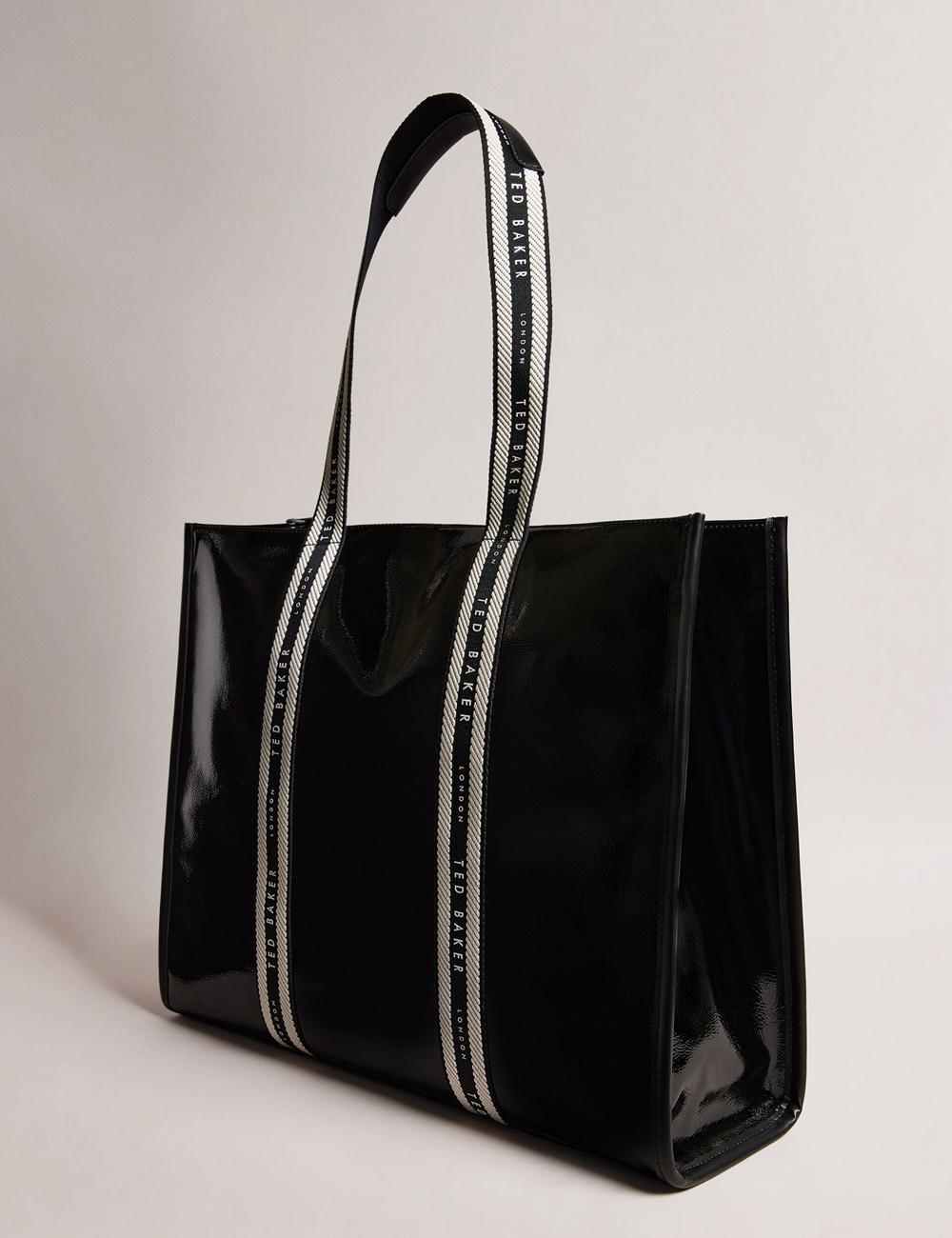 Women Ted Baker CELINIE - Branded Webbing Faux Leather Tote Bags Black | CVPE08345