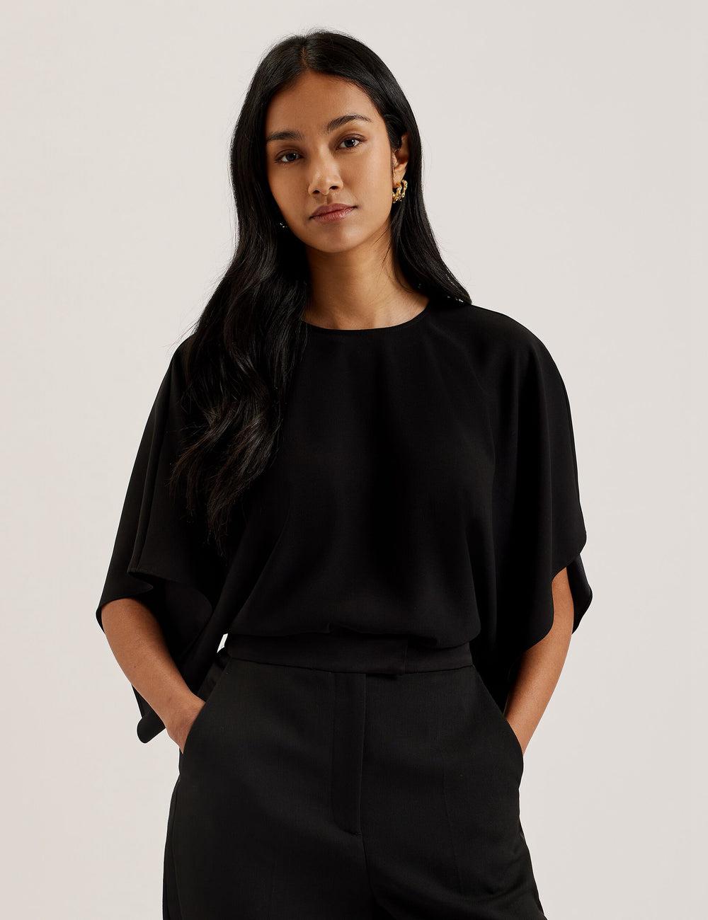 Women Ted Baker CHERIKA - Batwing Short Sleeve Satin Blouses Black | YPUJ65348