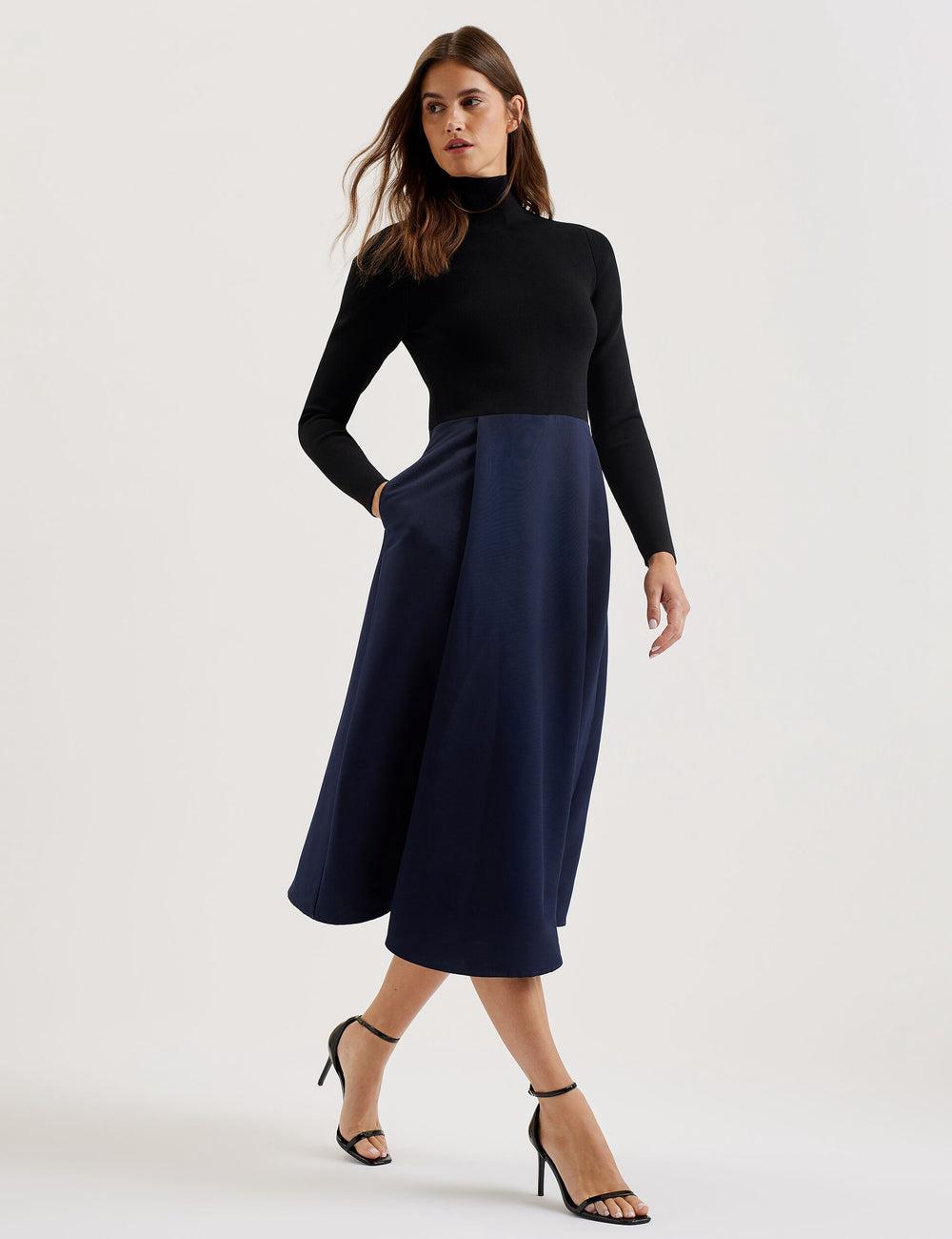 Women Ted Baker CHIRA - Knit Bodice With Wrap Skirt Midi Dresses Black | GPWB81627